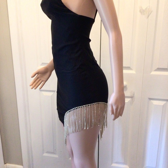 Papaya Womens Black Rhinestone Tasseled Mini Bodycon Dress Size Medium - Picture 4 of 8